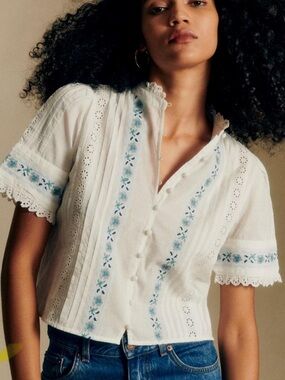 Sezane White Cotton Eyelet Lace Blouse nwot